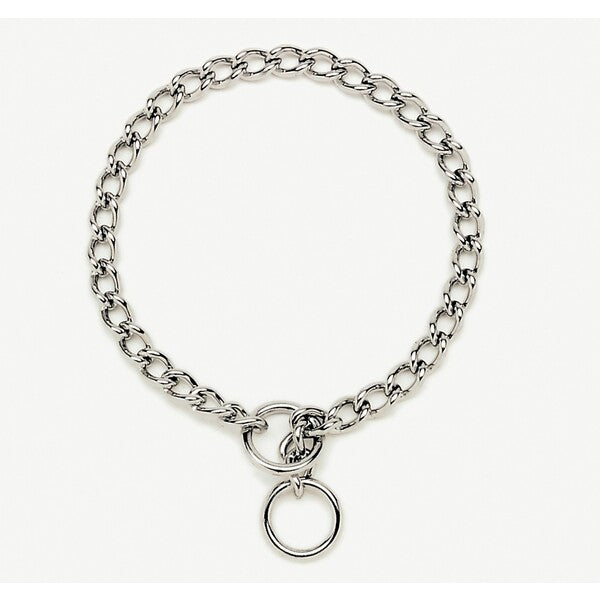 A Titan Chain Training Dog Collar Medium Nickel, Chrome 2.5 mm x 16 in with a ring on it.