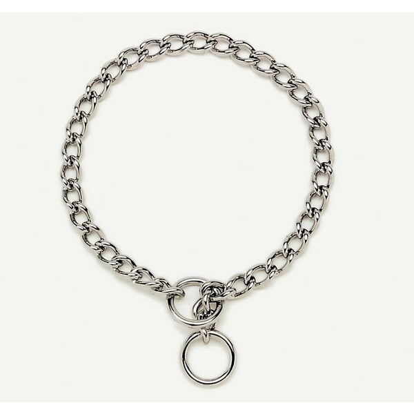 A Titan Chain Training Dog Collar Heavy Nickel, Chrome 3 mm x 18 in with a ring on it.