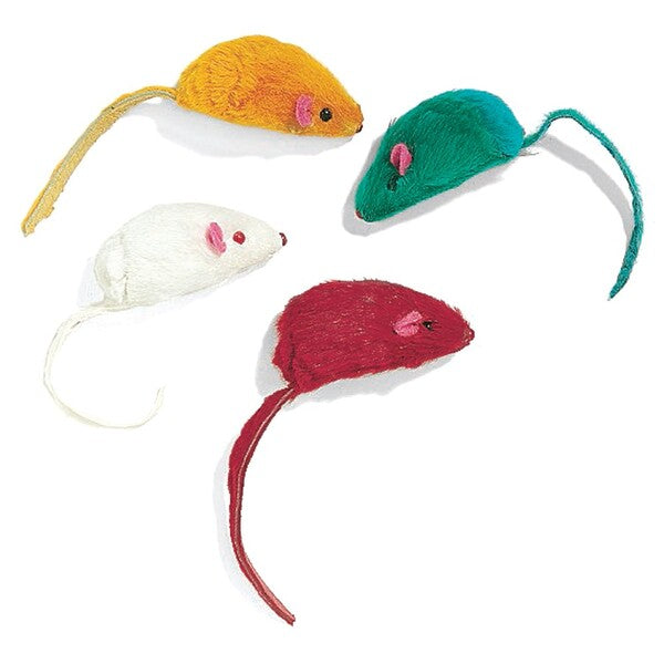 Four Spot Colored Plush Mice Rattle & Catnip Cat Toy Assorted 4.5 in 4 Pack on a white background.
