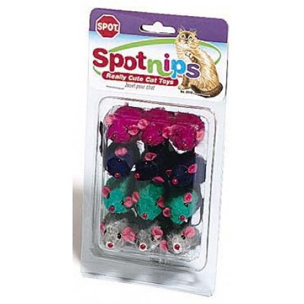 Spot Colored Plush Mice Rattle & Catnip Cat Toy Assorted 12 Pack in a package.