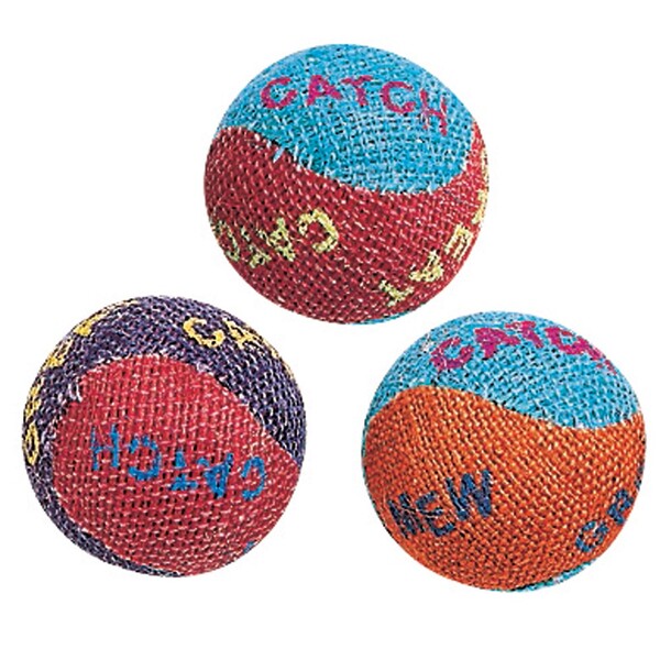 Three Spot Burlap Ball Catnip Toy Assorted 1.5 inch 3 Packs with the word catch written on them.