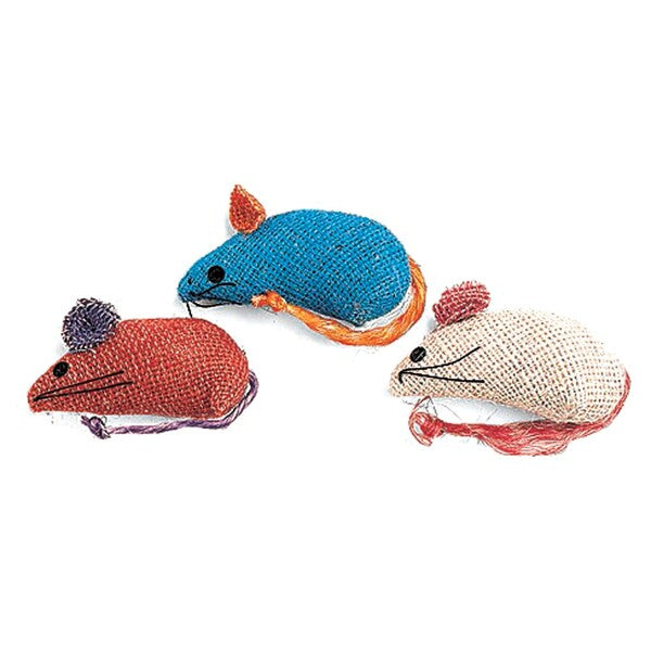 Three Spot Burlap Mice Catnip Toy Assorted 3 in 3 Pack on a white background.