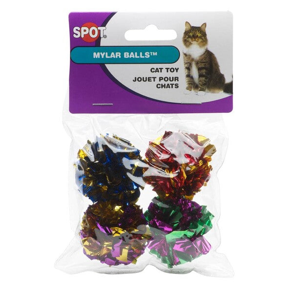 Spot Mylar Ball Cat Toy Multi-Color 1.5 in 4 Pack pom poms in a package.