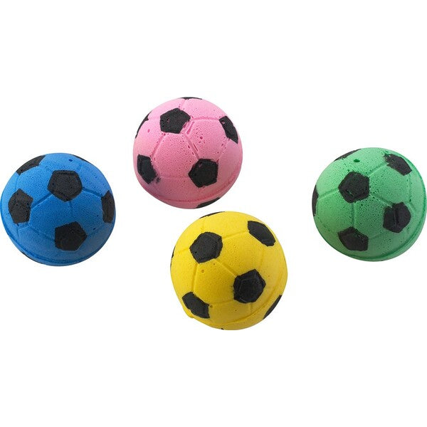 Four Spot Sponge Soccer Ball Cat Toy Multi-Color 4 Pack on a white background.