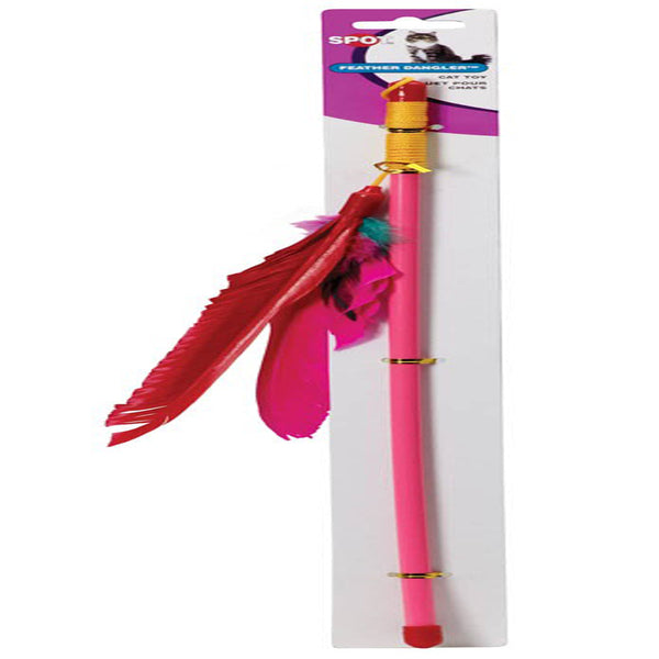 A Spot Feather Dangler Teaser Wand Cat Toy Multi-Color 18 in with a pink feather on it.