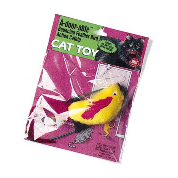 A Spot A-Door-Able Bouncing Plush Bird with Feather Tail Cat Toy Multi-Color 4.5 in in a package.