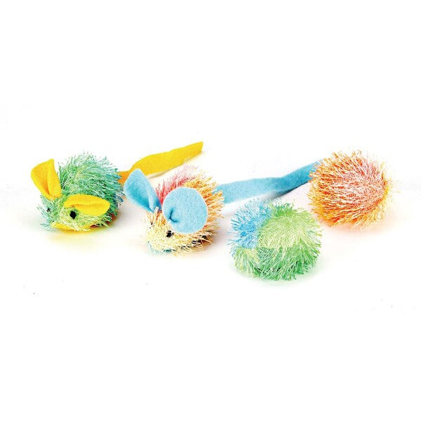 A group of Spot Stringy Mice & Ball Cat Toy with Catnip Assorted 2 in 4 Pack on a white background.