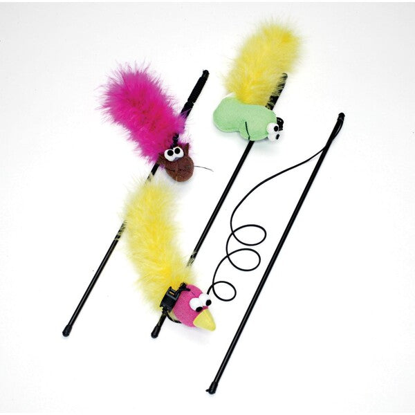 A Spot Feather Boa Teaser Wand with Catnip Assorted 12 in with colorful feathers and sticks.