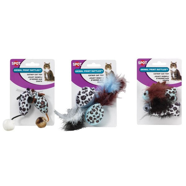 Three Spot Animal Print Rattle Catnip Toy Assorted 4.5 in 2 Pack with a leopard print on them.