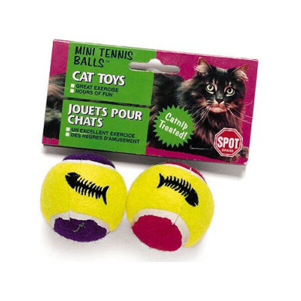 Two Spot Mini Tennis Balls Cat Toy with Bell & Catnip Assorted in a 2 Pack Mini package.