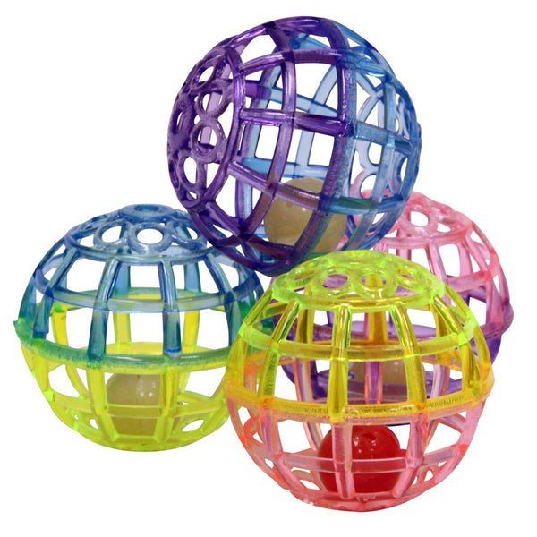 Four Spot Lattice Ball with Bell Cat Toy Multi-Color 4 Pack on a white background.