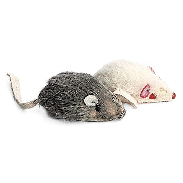 Two Spot Plush Mice Rattle & Catnip Cat Toy Assorted 4.5 in 2 Pack lying side by side on a white surface.
