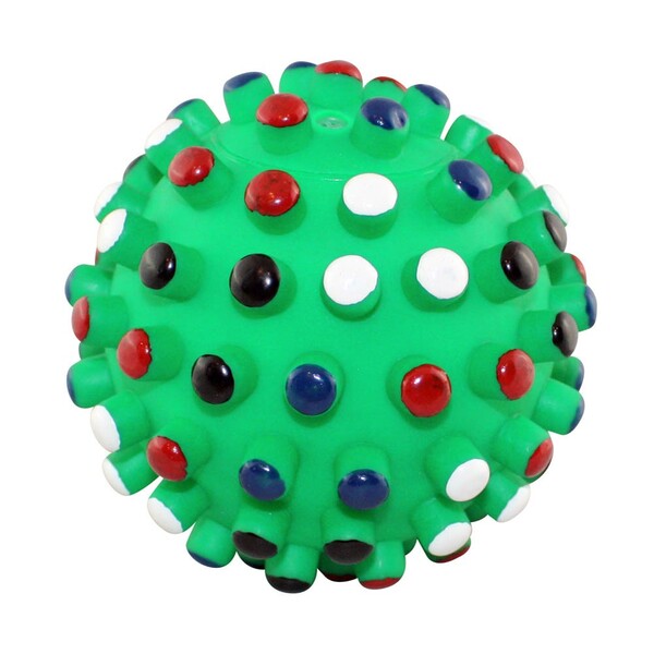 A Spot Gumdrop Ball Dog Toy Assorted 5 in with multi colored dots on it.