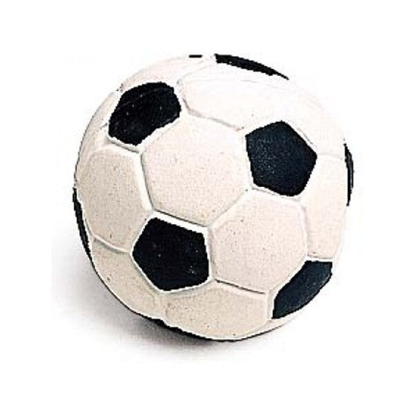 A white and black Spot Latex Soccer Ball Dog Toy Assorted 2 in on a white background.