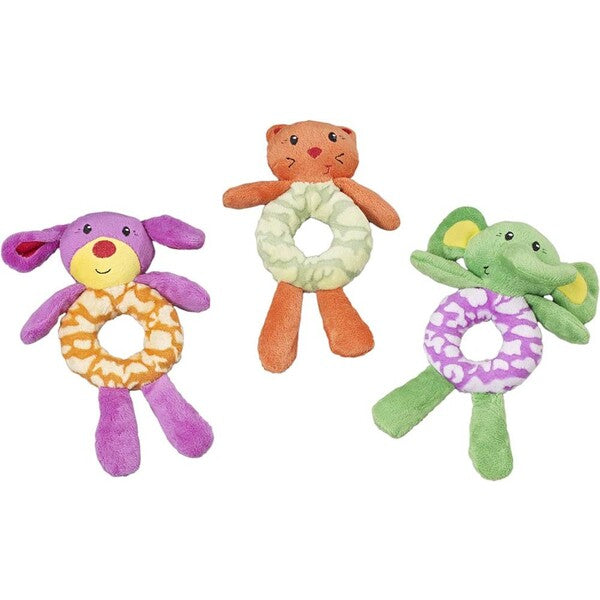 Three Spot Lil Spots Plush Dog Toy Ring Assorted 7.5 in toys on a white background.