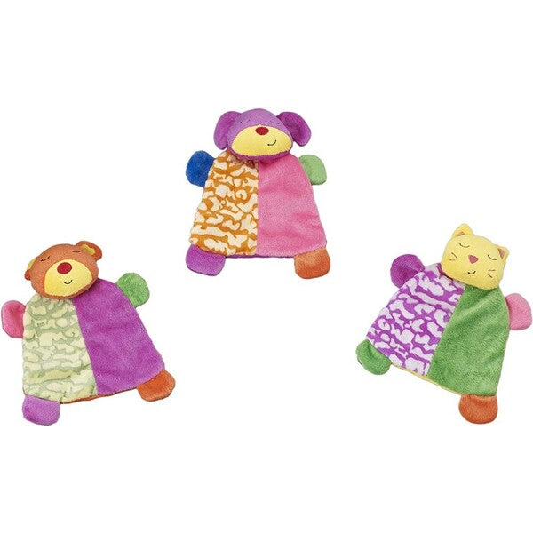 Three Spot Lil Spots Plush Dog Toy Blanket Assorted Multi-Color 7 in with a cat and a teddy bear.