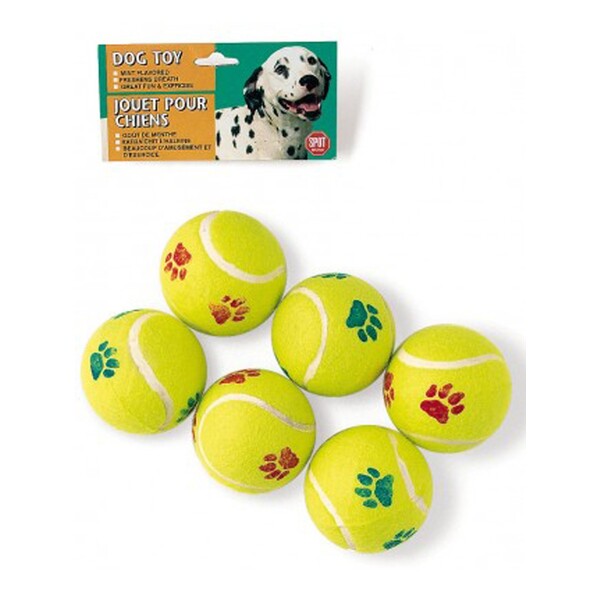 Six Spot Tennis Ball Dog Toy Assorted 6 Pack 2.5 in with paw prints on them.