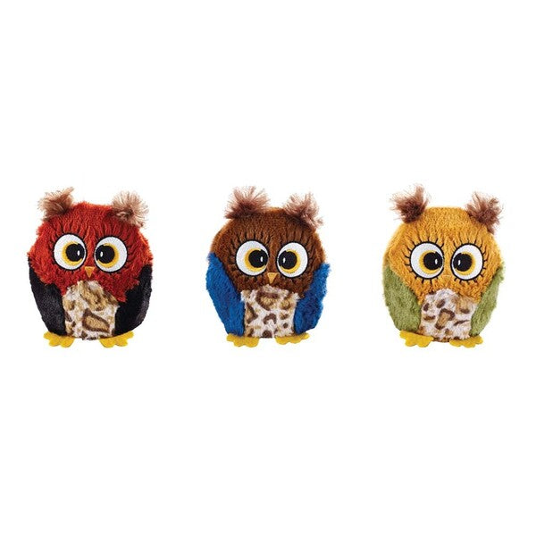 Three Spot Hoots Owl Plush Dog Toys Assorted 3 in on a white background.