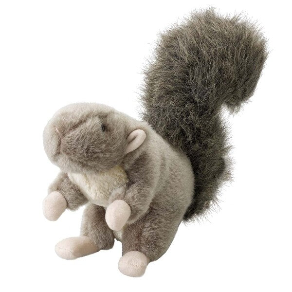 A Spot Woodland Collection Dog Toy Squirrel Gray 10 in is standing up on a white background.