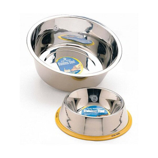 A Spot Stainless Steel Mirror Finish No-Tip Dog Bowl Silver 96 Ounces with a yellow lid.