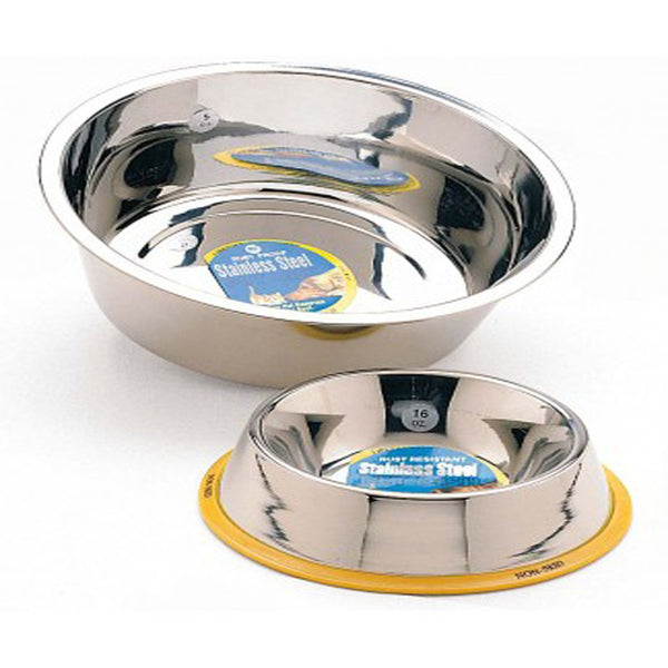 A Spot Stainless Steel Mirror Finish Dog Bowl Silver 2 Quart with a yellow lid.