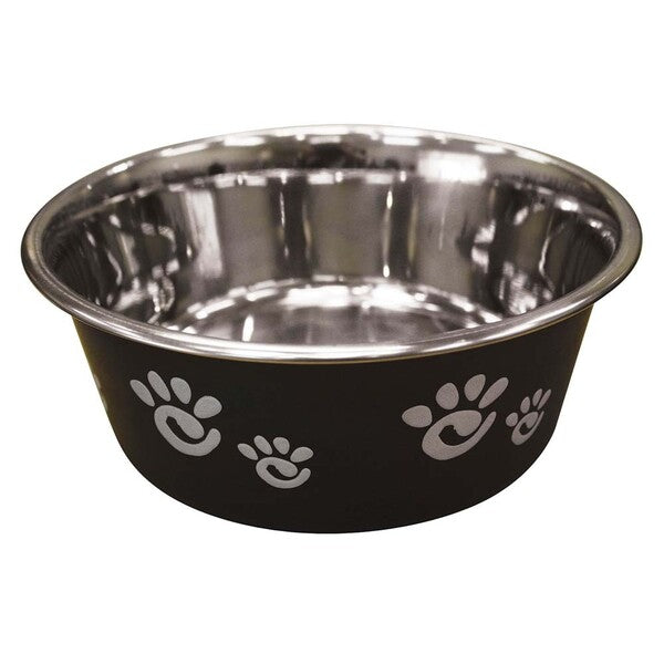 The Spot Barcelona Stainless Steel Paw Print Dog Bowl Licorice 32 Ounces with paw prints on it.