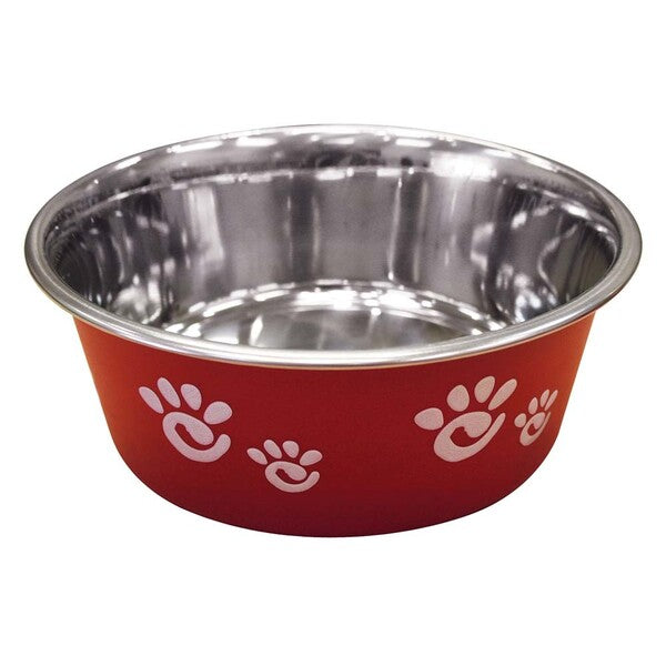 A Spot Barcelona Stainless Steel Paw Print Dog Bowl Raspberry 32 Ounces with paw prints on it.