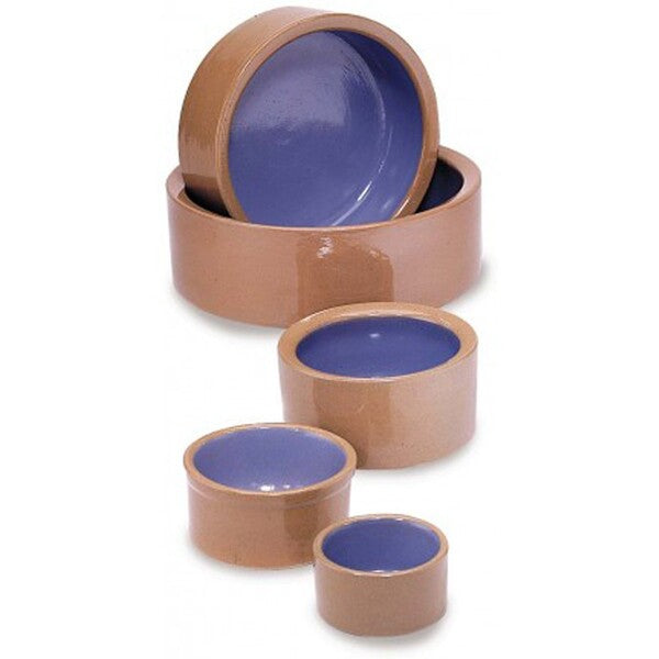 A set of four Spot Standard Crock Dog Bowl Blue 3.75 in with blue lids.
