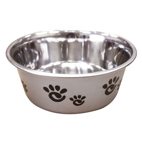 A Spot Barcelona Stainless Steel Paw Print Dog Bowl Silver 32 Ounces with paw prints on it.