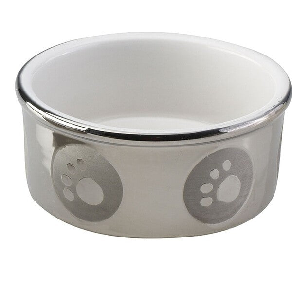 A Spot Paw Print Dog Bowl Titanium 7 in with paw prints on it.