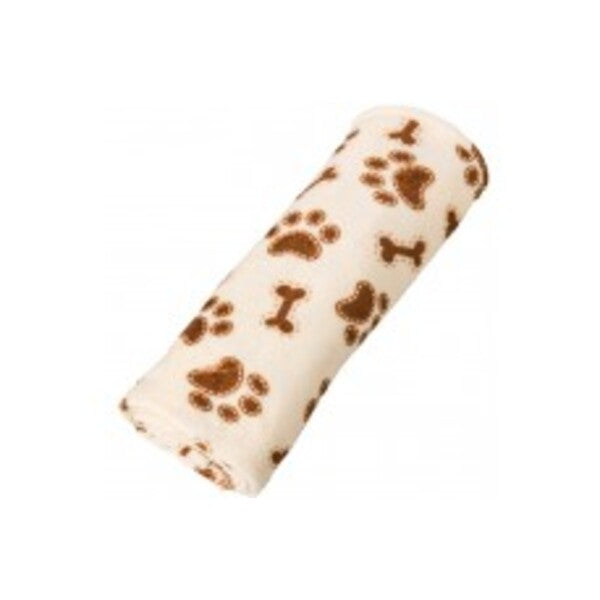 A roll of Spot Snuggler Bones/Paws Print Blanket Cream 30 in x 40 in with paw prints on it.