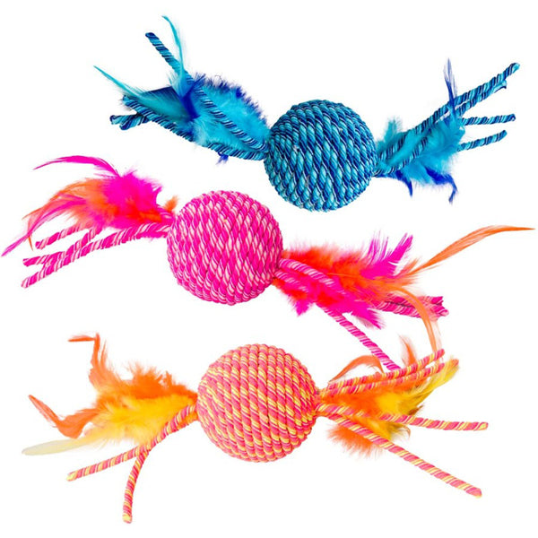 Three Spot Elasteeez Ball & Feathers Cat Toy Assorted with feathers on them.