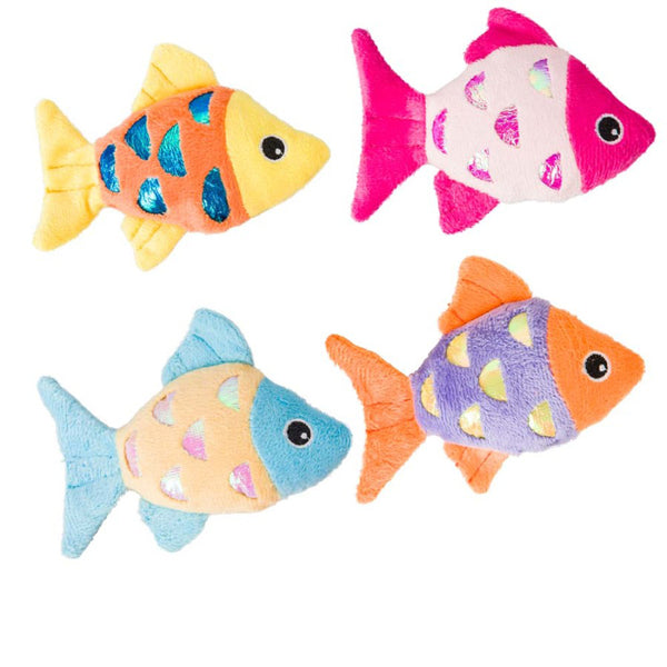 Four Spot Shimmer Glimmer Fish Catnip Toy Assorted on a white background.