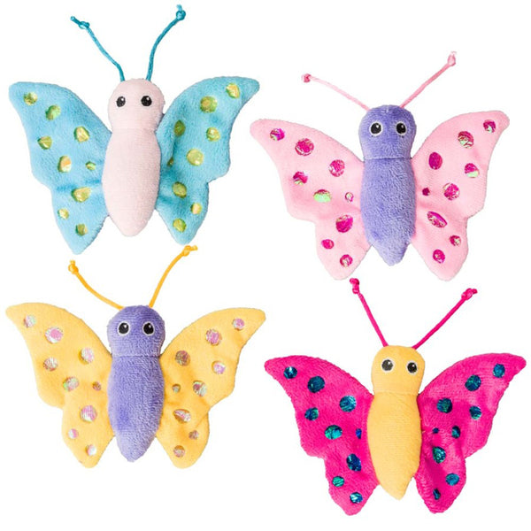 Four Spot Shimmer Glimmer Butterfly Catnip Toy Assorted on a white background.