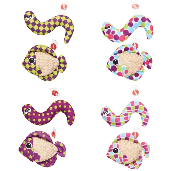 A set of Spot Catch N Release Cat Toy with Catnip Assorted 2 Pack stuffed toys with a worm on them.