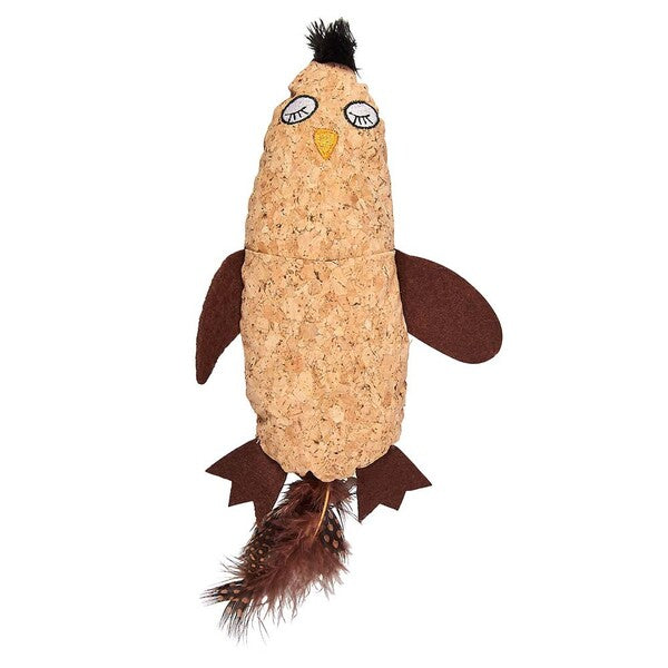 A Spot Hug 'N Kick Corki Cat Toy with Catnip Assorted 8 in Extra-Large made of cork and feathers.