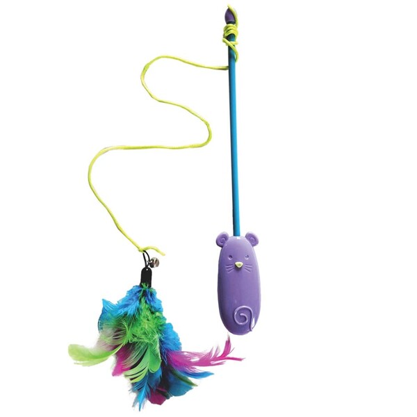 A Spot Laser & Feather Teaser Wand Cat Toy Assorted 12 in with a feather attached to it.