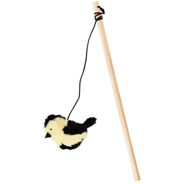 A Spot Songbird Cat Toy with Catnip Assorted 5 in stick with a stuffed bird on it.