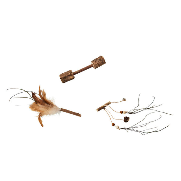 A pair of Spot Silver Vine Small Cat Toy Assorted Tan/Brown 3.5in Small with feathers on them.