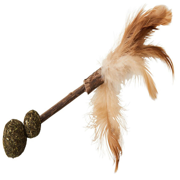 A Spot Silver Vine Medium Cat Toy Assorted Tan/Brown 6in with a feather attached to it.