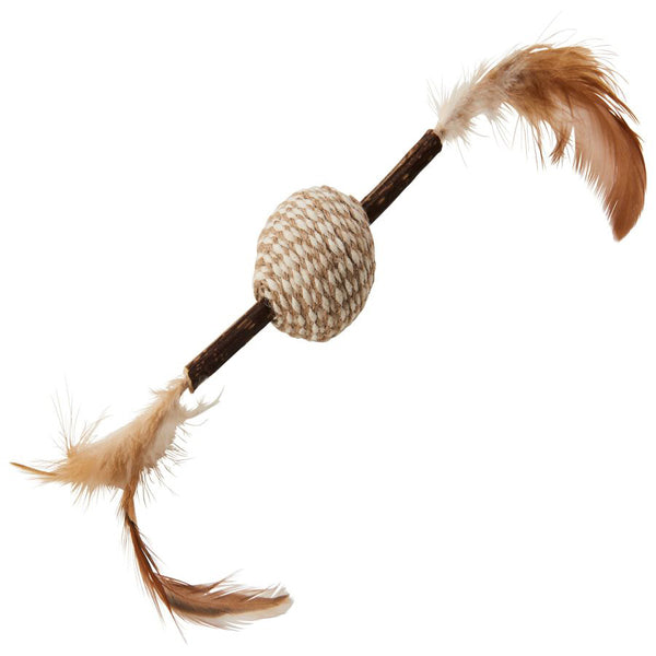 A Spot Silver Vine Cord/Stick Cat Toy Assorted Tan/Brown 12in with feathers on it.
