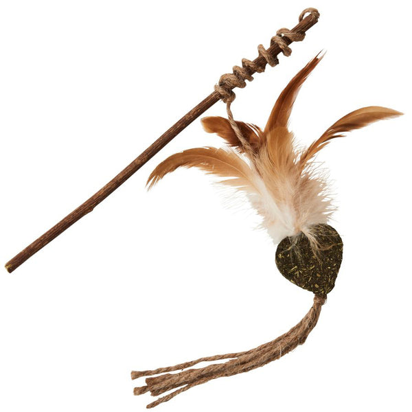 A Spot Silver Vine Teaser Wand Cat Toy Assorted Tan/Brown 10in with feathers on it.