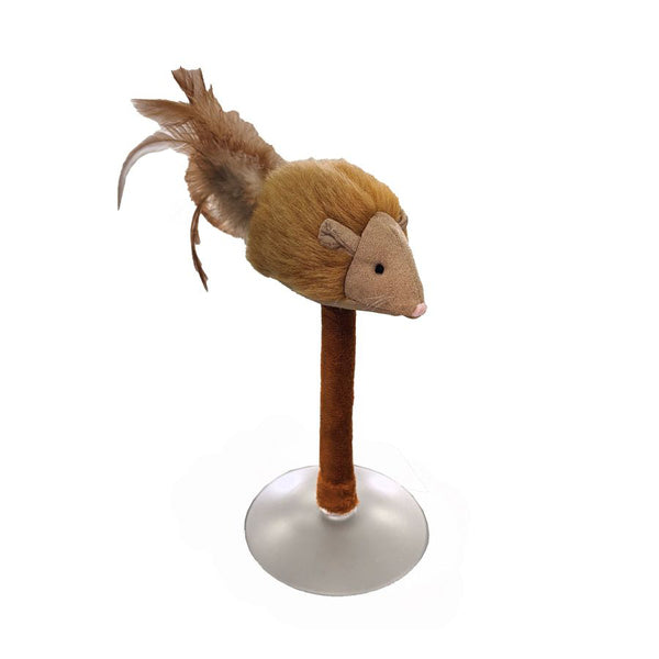 A Spot Squeakeeez Mouse On Suction Cup Cat Toy Tan/Brown 7in on a stand with feathers.