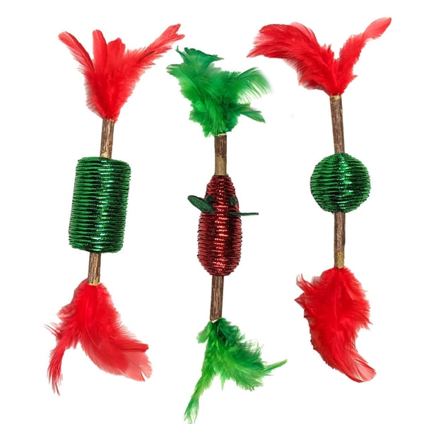 Three Spot Holiday Silver Vine Cat Corded Stick Toy Assorted with red and green feathers.