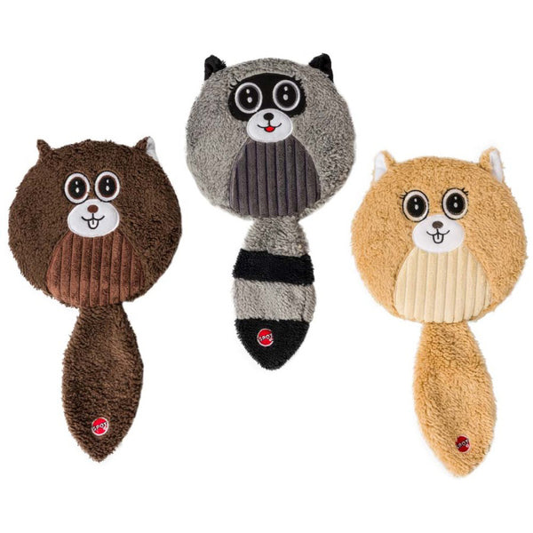 Three Spot Flat Jax Dog Toy Assorted 13 in with a raccoon, a fox and a raccoon.