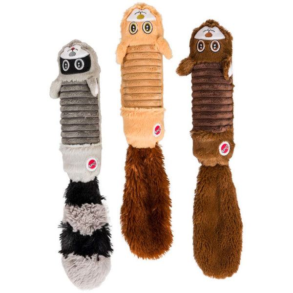 Three Spot Long Jax Dog Toy Assorted 16.25 in are shown on a white background.