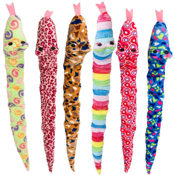 A group of Spot Slithery Snakes Dog Toy Assorted 35 in on a white background.