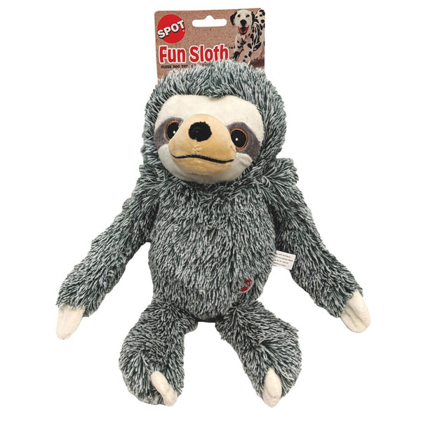 A cute Spot Fun Sloth Plush Dog Toy Assorted 13 in with plush fur, packaged in a huggable wrapper.