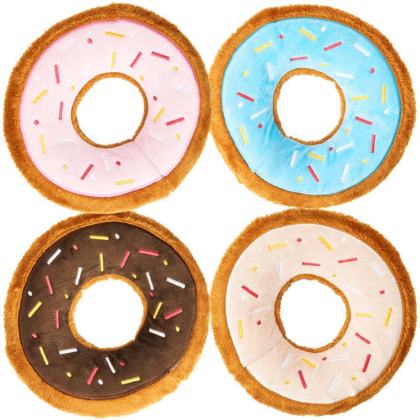 Four Spot Tasty Donuts Dog Toy Assorted 9 in with sprinkles on them.