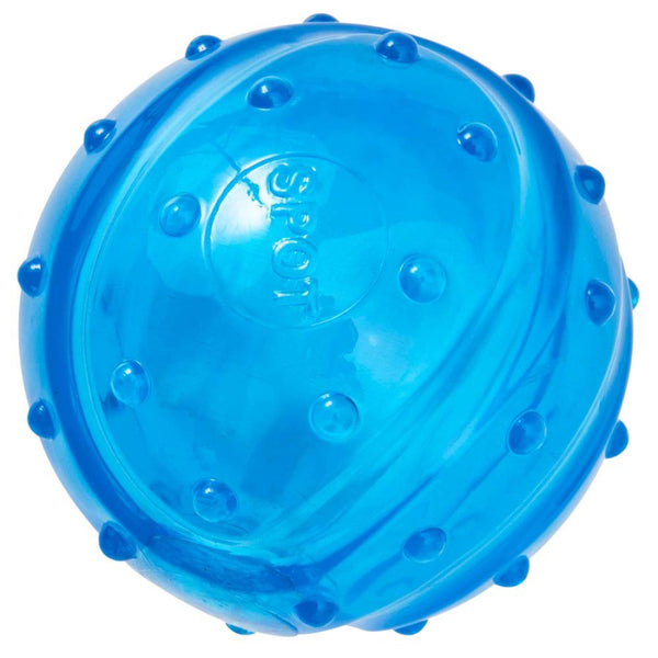 A Spot Play Strong Scent-Station Ball Dog Toy Bacon Blue 3.25 in with holes on it.